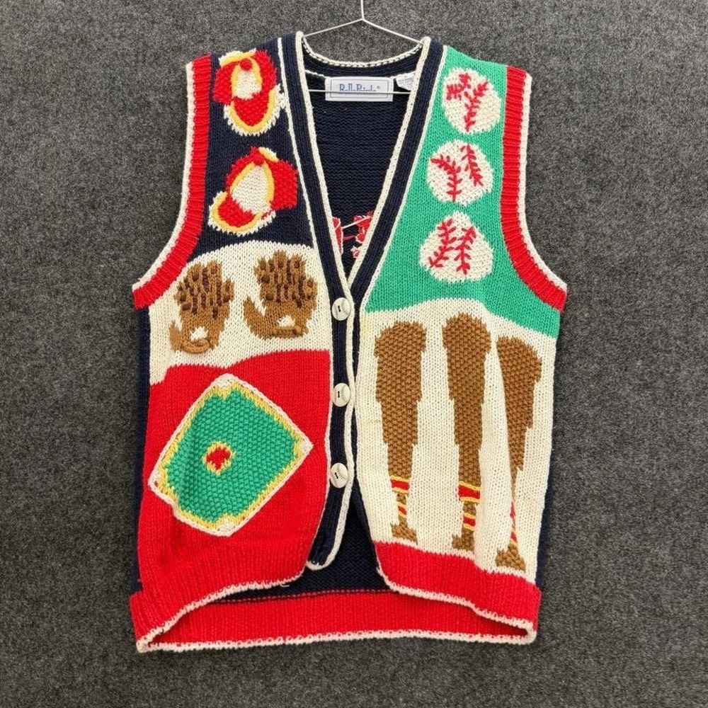 Belle Pointe Baseball Knit Sweater Vest Womens Medium Novelty Sports Cardigan
